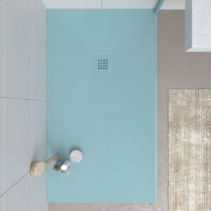 Base de duche em resina CLOE Turquesa Pastel RAL 6034 com textura de ardósia antibacteriana e antiderrapante. Grelha termolacada