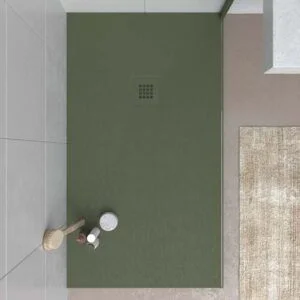 Base de duche em resina CLOE Verde Cana RAL 6003 com textura de ardósia antibacteriana e antiderrapante. Grelha termolacada