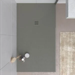 Base de duche em resina CLOE Quartzo Cinzento RAL 7039 com textura de ardósia antibacteriana e antiderrapante. Grelha termolacada
