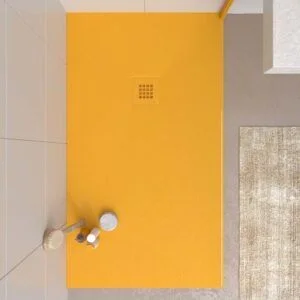 Base de duche em resina CLOE Amarelo-sol RAL 1037 com textura de ardósia antibacteriana e antiderrapante. Grelha termolacada