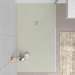 Base de duche em resina CLOE Cinzento Pebble RAL 7032 com textura de ardósia antibacteriana e antiderrapante. Grelha termolacada