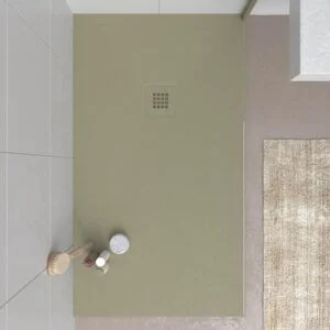 Base de duche em resina CLOE Amarelo Cinzento RAL 7034 com textura de ardósia antibacteriana e antiderrapante. Grelha termolacada