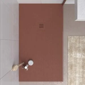 Base de duche em resina CLOE Cobre Pérola RAL 8029 com textura de ardósia antibacteriana e antiderrapante. Grelha termolacada
