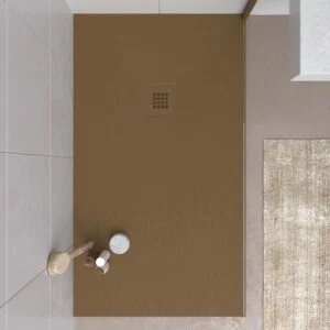 Base de duche em resina CLOE Castanho Azeitona RAL 8008 com textura de ardósia antibacteriana e antiderrapante. Grelha termolacada