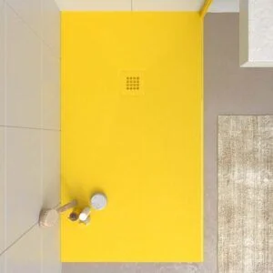 Base de duche em resina CLOE Amarelo Tráfego RAL 1021 com textura de ardósia antibacteriana e antiderrapante. Grelha termolacada