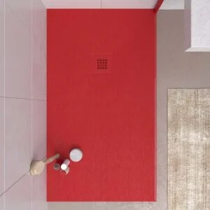 Base de duche em resina CLOE Vermelho tráfego RAL 3020 com textura de ardósia antibacteriana e antiderrapante. Grelha termolacada