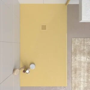 Base de duche em resina CLOE Amarelo areia RAL 1002 com textura de ardósia antibacteriana e antiderrapante. Grelha termolacada