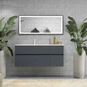Móvel de casa de banho DUNE suspenso 4 gavetas com tampo em SOLID SURFACE 2 lavatórios Cinza Grafite