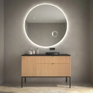 Móvel de casa de banho FLEX com pés 2 gavetas/1 porta em acabamento CARVALHO CLARO com lavatório semi-encastrado Solid Surface PRETO