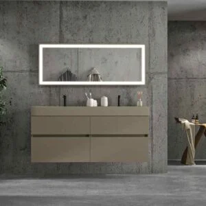 Móvel de casa de banho DUNE suspenso 4 gavetas com tampo em SOLID SURFACE 2 lavatórios Cinza Pálido