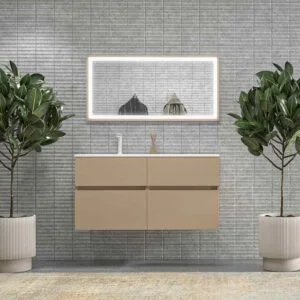 Móvel de casa de banho DUNE suspenso 4 gavetas com tampo em SOLID SURFACE 2 lavatórios Moka