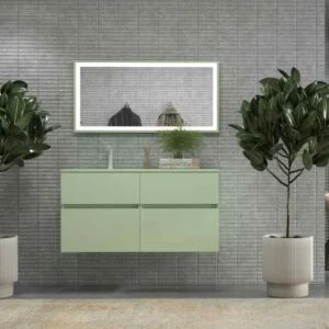 Móvel de casa de banho DUNE suspenso 4 gavetas com tampo em SOLID SURFACE 2 lavatórios Verde Esbranquiçado