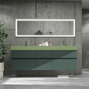 Móvel de casa de banho DUNE suspenso 6 gavetas com tampo em SOLID SURFACE 2 lavatórios Verde Negro