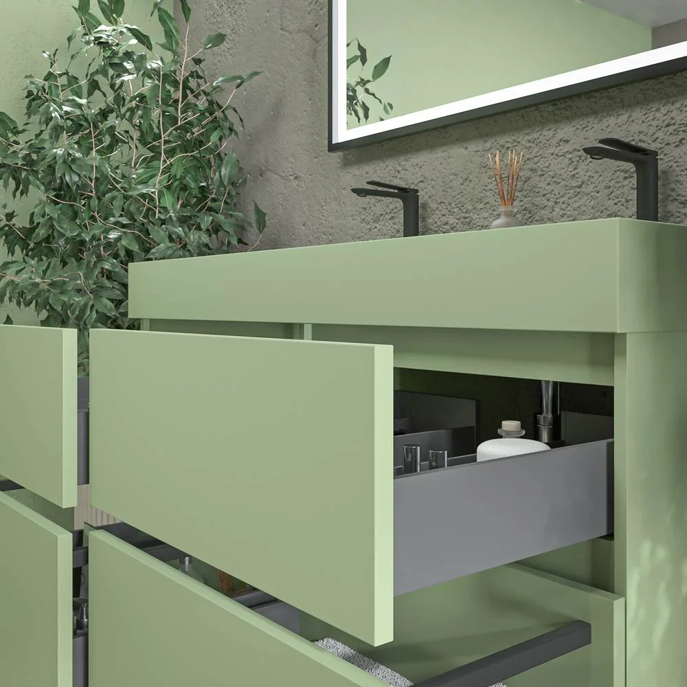 Móvel de casa de banho DUNE suspenso 4 gavetas com tampo em SOLID SURFACE 2 lavatórios Verde Pálido - Image 3