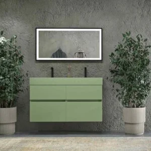 Móvel de casa de banho DUNE suspenso 4 gavetas com tampo em SOLID SURFACE 2 lavatórios Verde Pálido