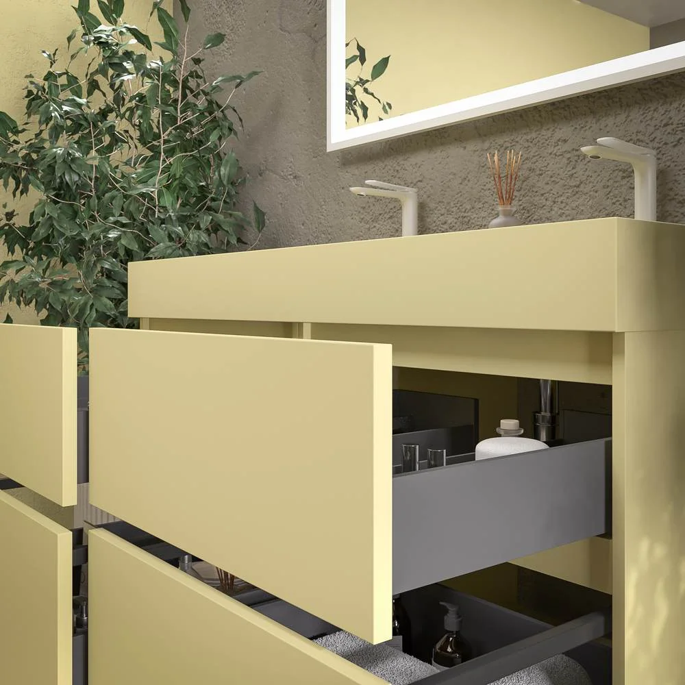 Móvel de casa de banho DUNE suspenso 4 gavetas com tampo em SOLID SURFACE 2 lavatórios Bege Esverdeado - Image 3