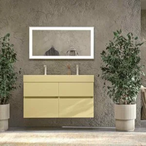 Móvel de casa de banho DUNE suspenso 4 gavetas com tampo em SOLID SURFACE 2 lavatórios Bege Esverdeado