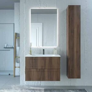 Móvel de casa de banho suspenso 2 gavetas BUDGET com tampa e lavatórios Solid Surface 2 sinus CASTANHO