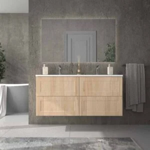 Móvel de casa de banho suspenso 4 gavetas BUDGET com tampa e lavatórios Solid Surface 2 sinus CARVALHO CLARO