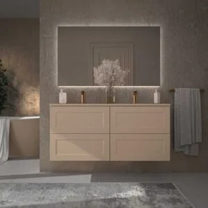 Móvel de casa de banho suspenso 4 gavetas BUDGET com tampa e lavatórios Solid Surface 2 sinus MOKA