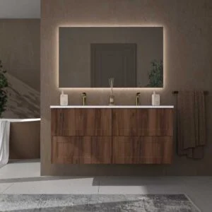 Móvel de casa de banho suspenso 4 gavetas BUDGET com tampa e lavatórios Solid Surface 2 sinus CASTANHO