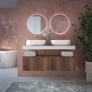 Móvel de casa de banho suspenso 2 gavetas BUDGET com tampa e lavatórios HORUS Solid Surface CHESTNUT