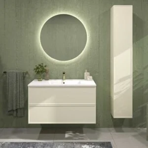 Móvel de casa de banho suspenso 2 gavetas BUDGET com tampa e lavatórios Solid Surface CREME