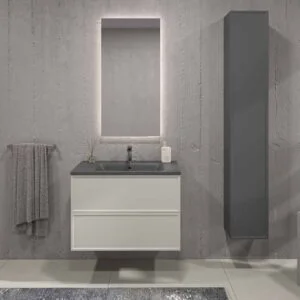 Móvel de casa de banho suspenso 2 gavetas BUDGET com tampa e lavatórios Solid Surface CINZA SILK