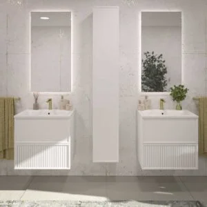 Móvel de casa de banho suspenso 2 gavetas BUDGET com tampa e lavatórios Solid Surface BRANCO