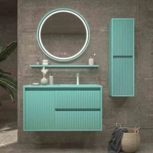 Móvel de casa de banho suspenso 2 gavetas / 1 porta MILIA com lavatório de superfície sólida LIGHT GREEN