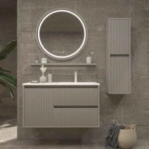 Móvel de casa de banho suspenso 2 gavetas / 1 porta MILIA com lavatório Solid Surface CINZA PEDRA