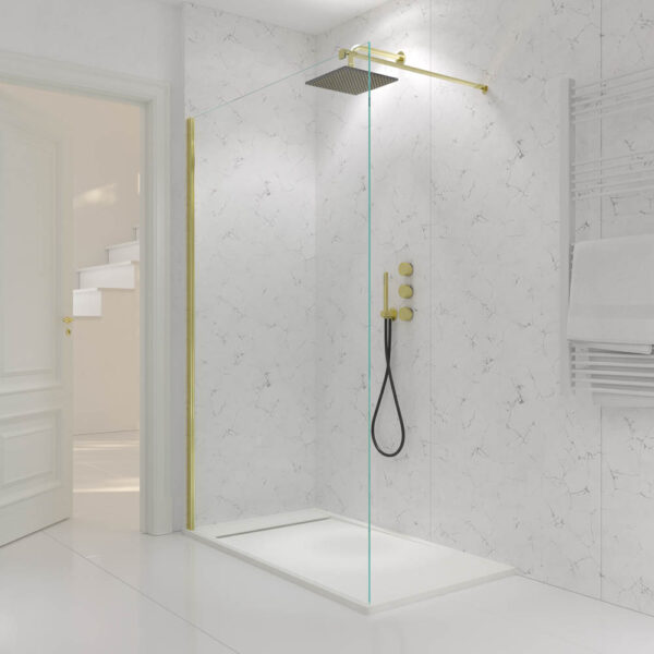 Resguardo de duche fixo Perfil ZEN Gold - Vidro de 8 MM com tratamento anti-calcário incluído - Braço de fixação em aço inoxidável. extensível