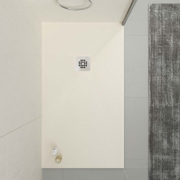 Base de duche em resina ONE Off White RAL 9001 e outras cores com textura ardósia antibacteriana e antiderrapante. grade de aço inoxidável
