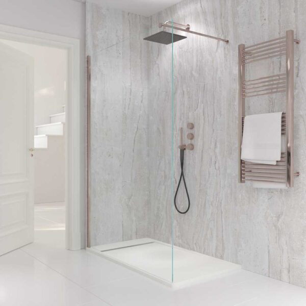 Resguardo de duche fixo Perfil ZEN Rose Gold - Vidro de 8 MM com tratamento anti-calcário incluído - Braço de fixação em aço inoxidável. extensível