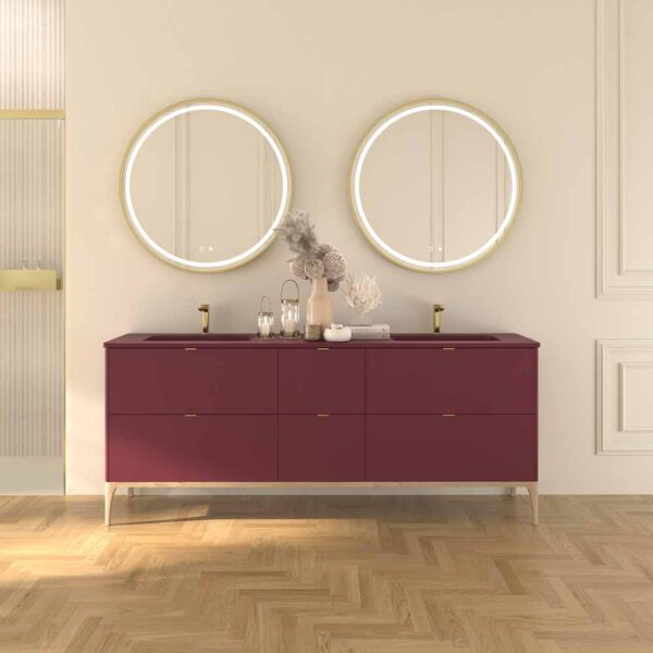 Móvel de casa de banho VICENT com pés 6 gavetas Bancada Solid Surface 2 lavatórios