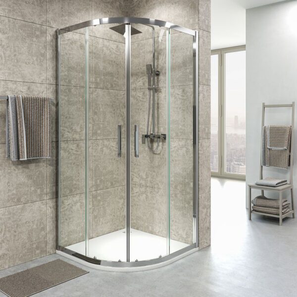 FRAME divisória de duche semicircular 2 fixas-2 portas de correr em vidro transparente. Com tratamento anti-calcário. Acabamento CROMADO BRILHANTE