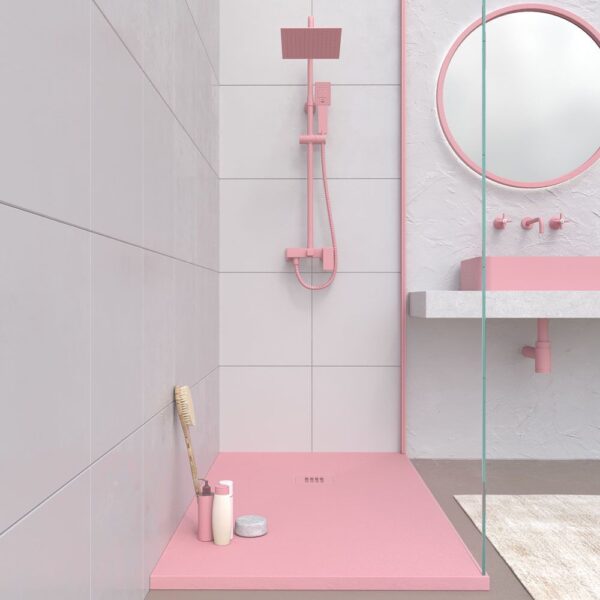 Base de duche em resina CLOE Rosa Claro RAL 6015 com textura de ardósia antibacteriana e antiderrapante. Grelha termolacada - Image 2