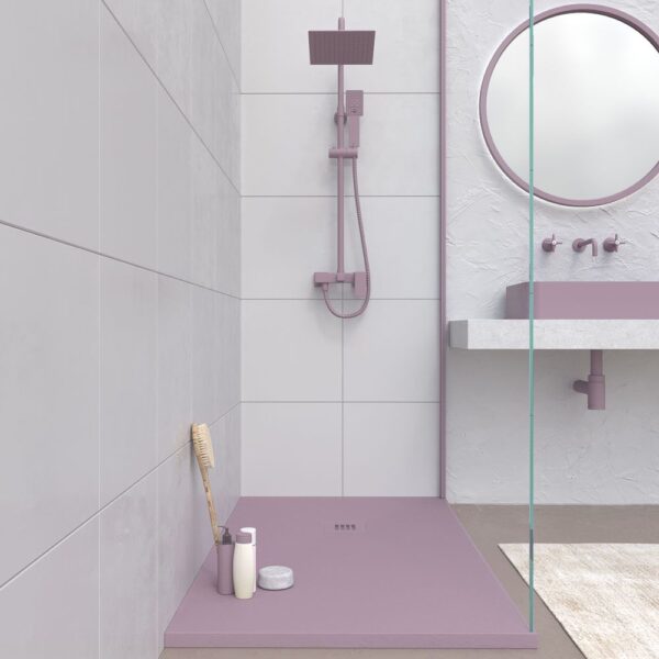 Base de duche em resina CLOE Violeta RAL 4009 com textura de ardósia antibacteriana e antiderrapante. Grelha termolacada - Image 2