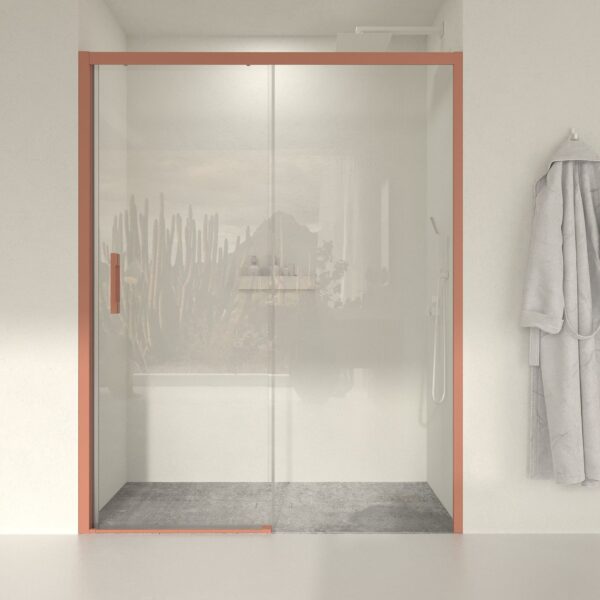 Divisória de duche frontal fixa LINEA1 -1 porta de correr. Sem perfil inferior. Acabamento VERMELHO BEIGE