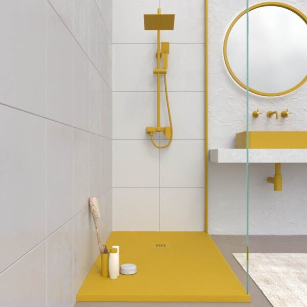 Base de duche em resina CLOE Amarelo Mel RAL 1005 com textura de ardósia antibacteriana e antiderrapante. Grelha termolacada - Image 2