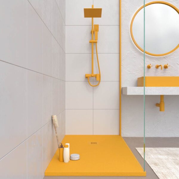 Base de duche em resina CLOE Amarelo-sol RAL 1037 com textura de ardósia antibacteriana e antiderrapante. Grelha termolacada - Image 2