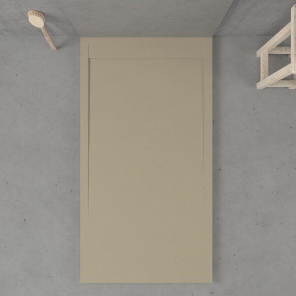 Base de duche em resina com moldura URBANSTONE Bege RAL 1001 textura ardósia, anti-bacteriana e anti-derrapante. Grelha oculta.