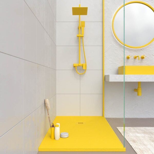 Base de duche em resina CLOE Amarelo Tráfego RAL 1021 com textura de ardósia antibacteriana e antiderrapante. Grelha termolacada - Image 2