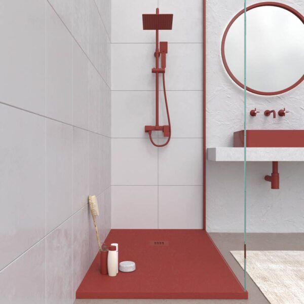 Base de duche em resina CLOE Vermelho Tomate RAL 3013 com textura de ardósia antibacteriana e antiderrapante. Grelha termolacada - Image 2