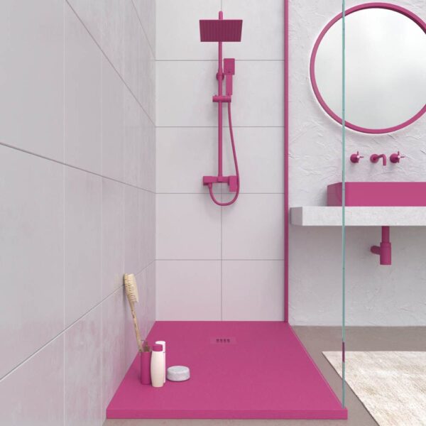 Base de duche em resina CLOE Magenta RAL 4010 com textura de ardósia antibacteriana e antiderrapante. Grelha termolacada - Image 2