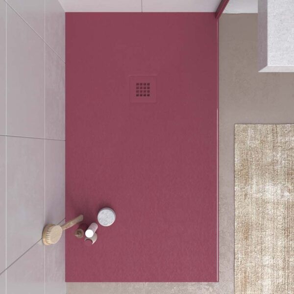 Base de duche em resina CLOE Morado Púrpura Pérola RAL 4002 com textura de ardósia antibacteriana e antiderrapante. Grelha termolacada