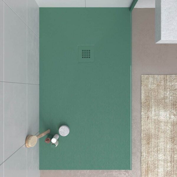 Base de duche em resina CLOE Verde Pátina RAL 6000 com textura de ardósia antibacteriana e antiderrapante. Grelha termolacada