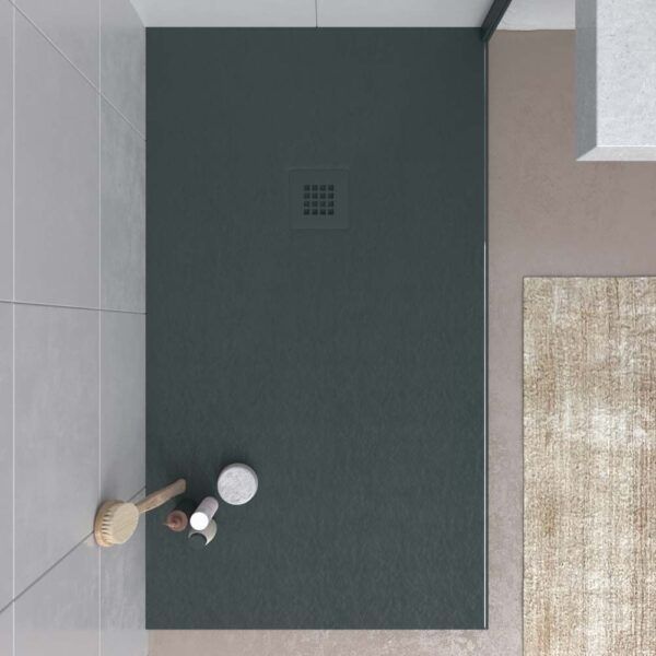 Base de duche em resina CLOE Verde-escuro RAL 6012 com textura de ardósia antibacteriana e antiderrapante. Grelha termolacada