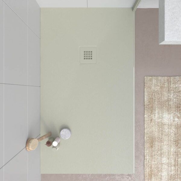 Base de duche em resina CLOE Cinzento Pebble RAL 7032 com textura de ardósia antibacteriana e antiderrapante. Grelha termolacada