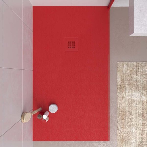 Base de duche em resina CLOE Vermelho tráfego RAL 3020 com textura de ardósia antibacteriana e antiderrapante. Grelha termolacada